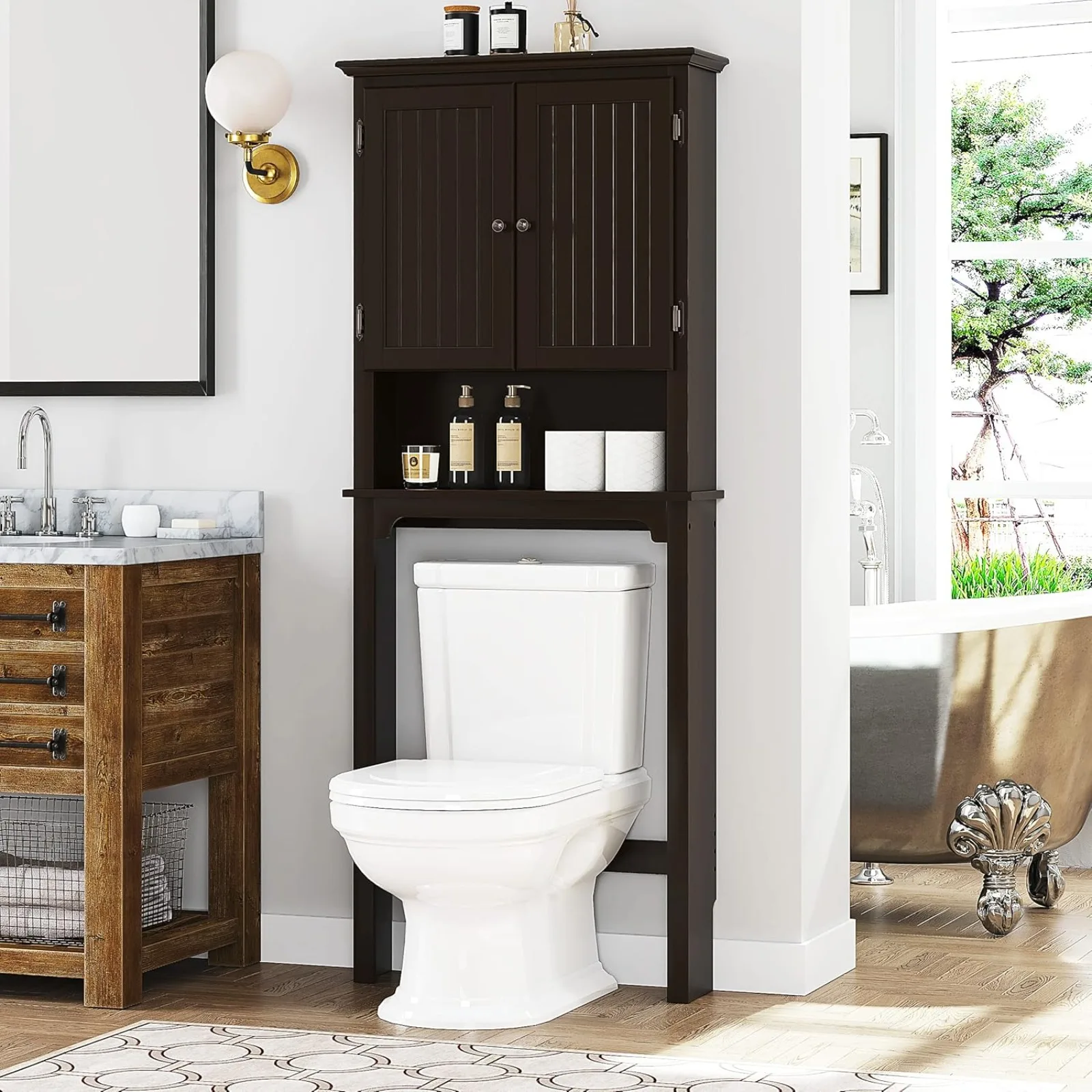 

US Bathroom Storage Over The Toilet, Bathroom Cabinet Organizer with Adjustable Shelves and Double Doors, Wood Bathroom Space