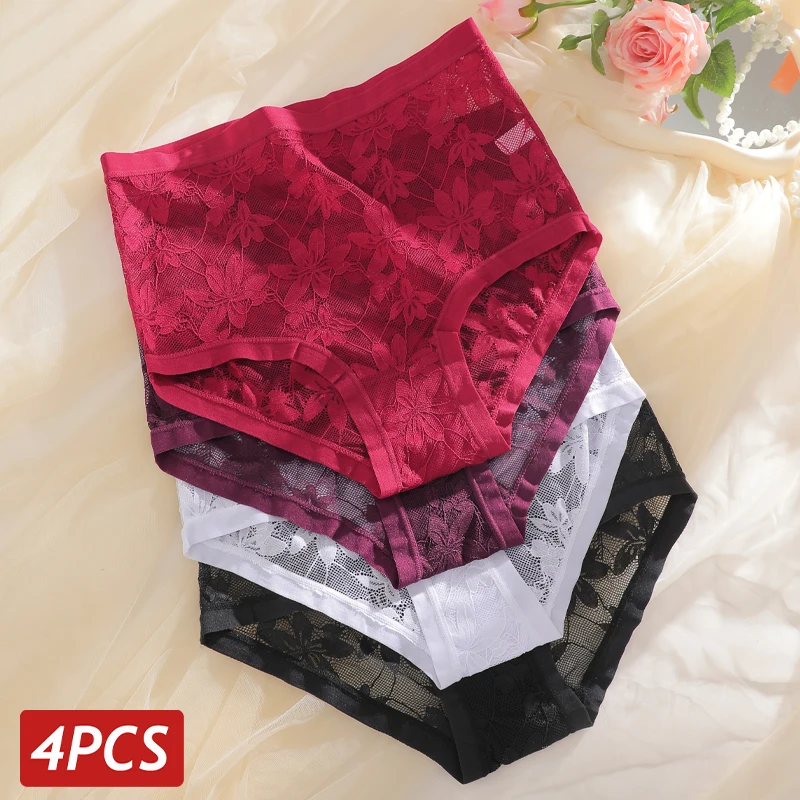 FINETOO 4 Stück/Set Spitzen-Blumen-Höschen mit hoher Taille für Damen, einfarbig, atmungsaktiv, bequeme Unterhosen, transparente Dessous