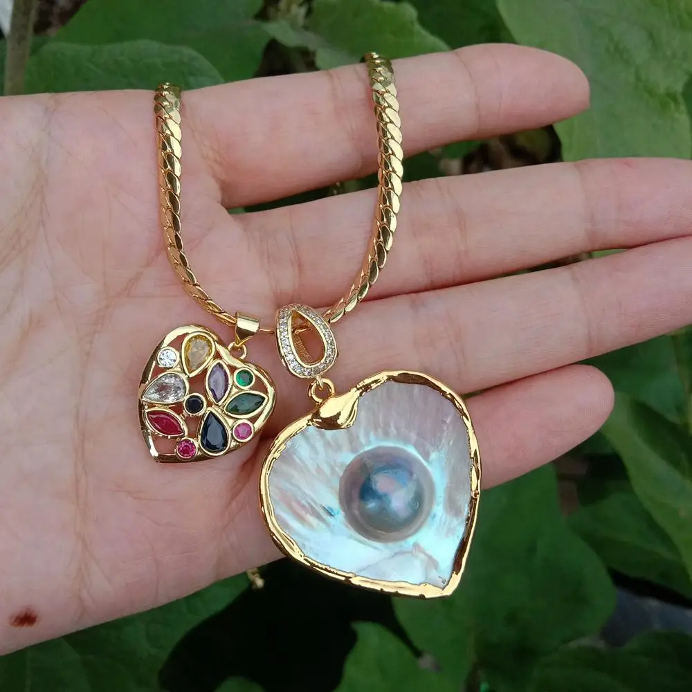 YYGEM 34mm Natural Gray Mabe Pearl Heart Shape Pendant Cz Charm Gold Plated Chain Necklace 5