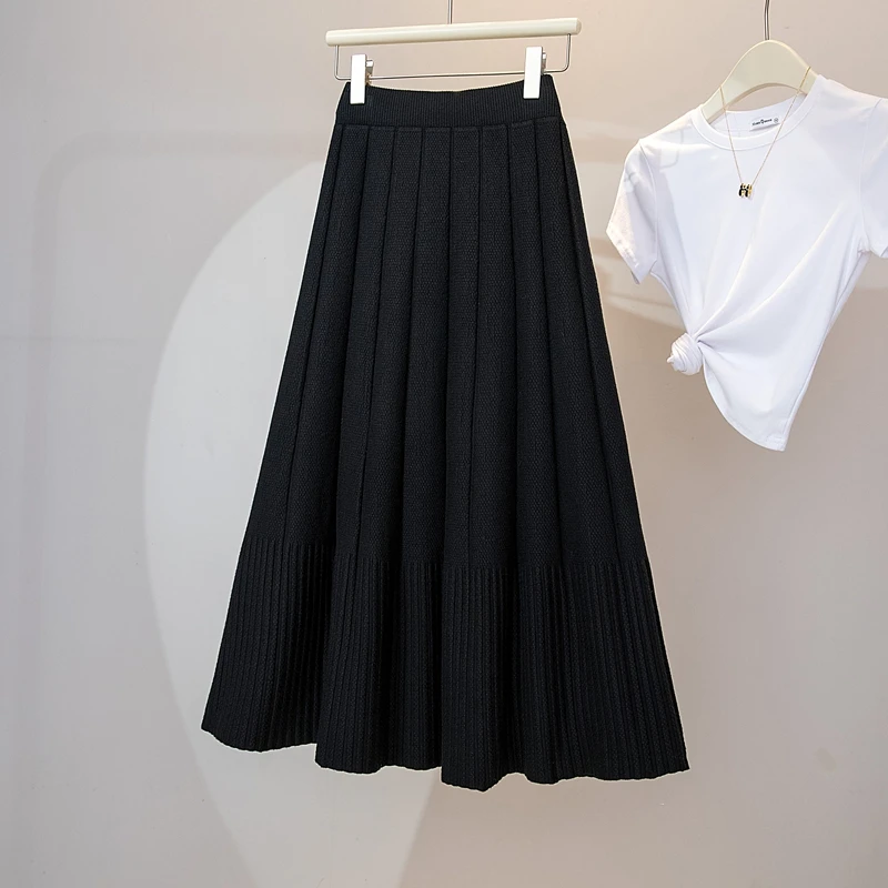 Casual High Waist Loose Knit Full Length Pleated Skirt Korean Fashion Streetwear Basics Autumn Winter Plus Size Elastic Clothing