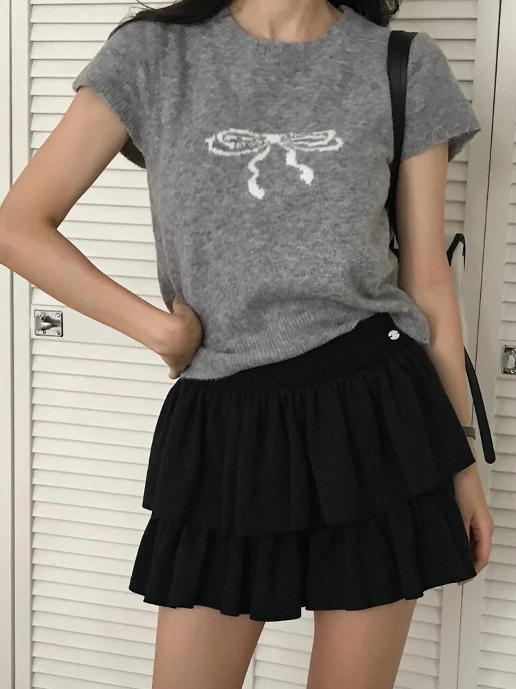 سترة نسائية محبوكة للخريف المبكر مع تطريز على شكل عقدة فراشة مضادة للشيخوخة برقبة مستديرة وأكمام قصيرة رقيقة ومتعددة الاستخدامات #1