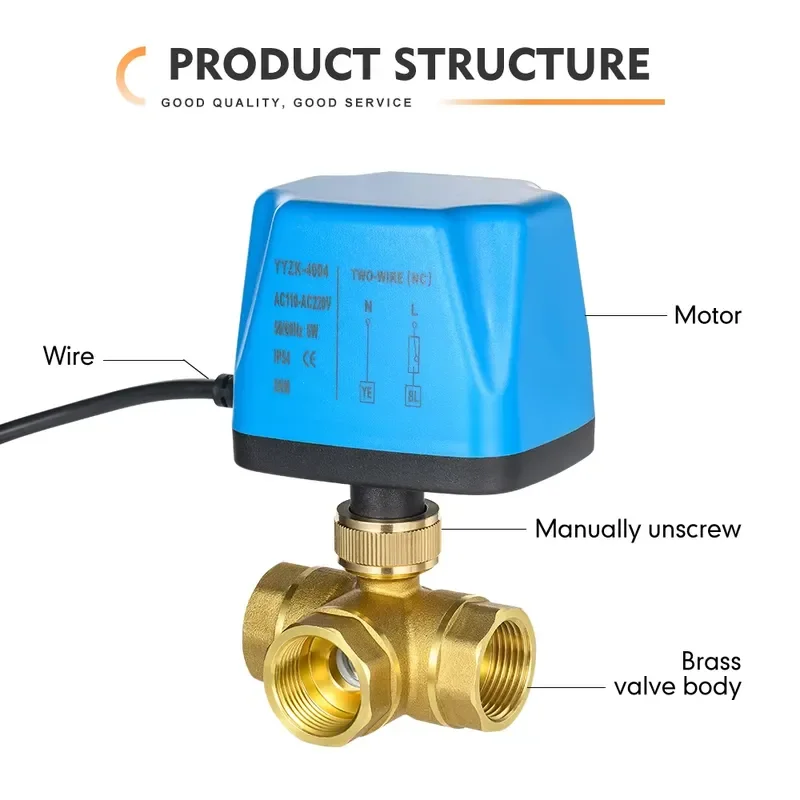 IP54 Waterproof Brass Electric Ball Valve Three-Way DN20 DN25 AC220V 110V Normally Closed Motorized Detachable Water OEM CE