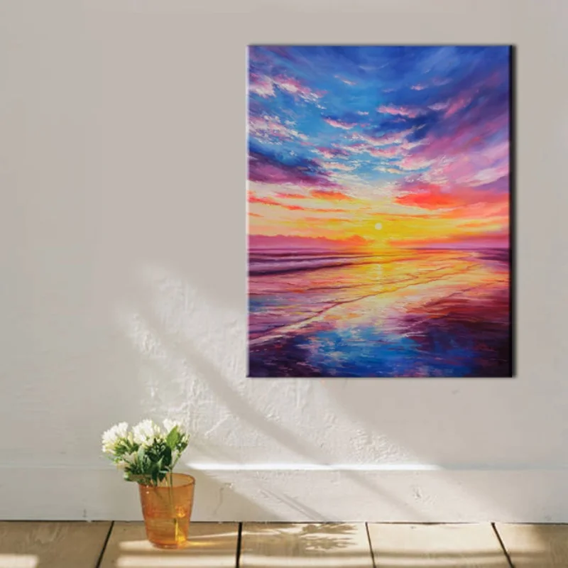 Modern Boho Vivid Hand Painted Heavy Colorful Textured Colorful Sunset Seascape Oil Painting for Home Living Room Wall Art Decor