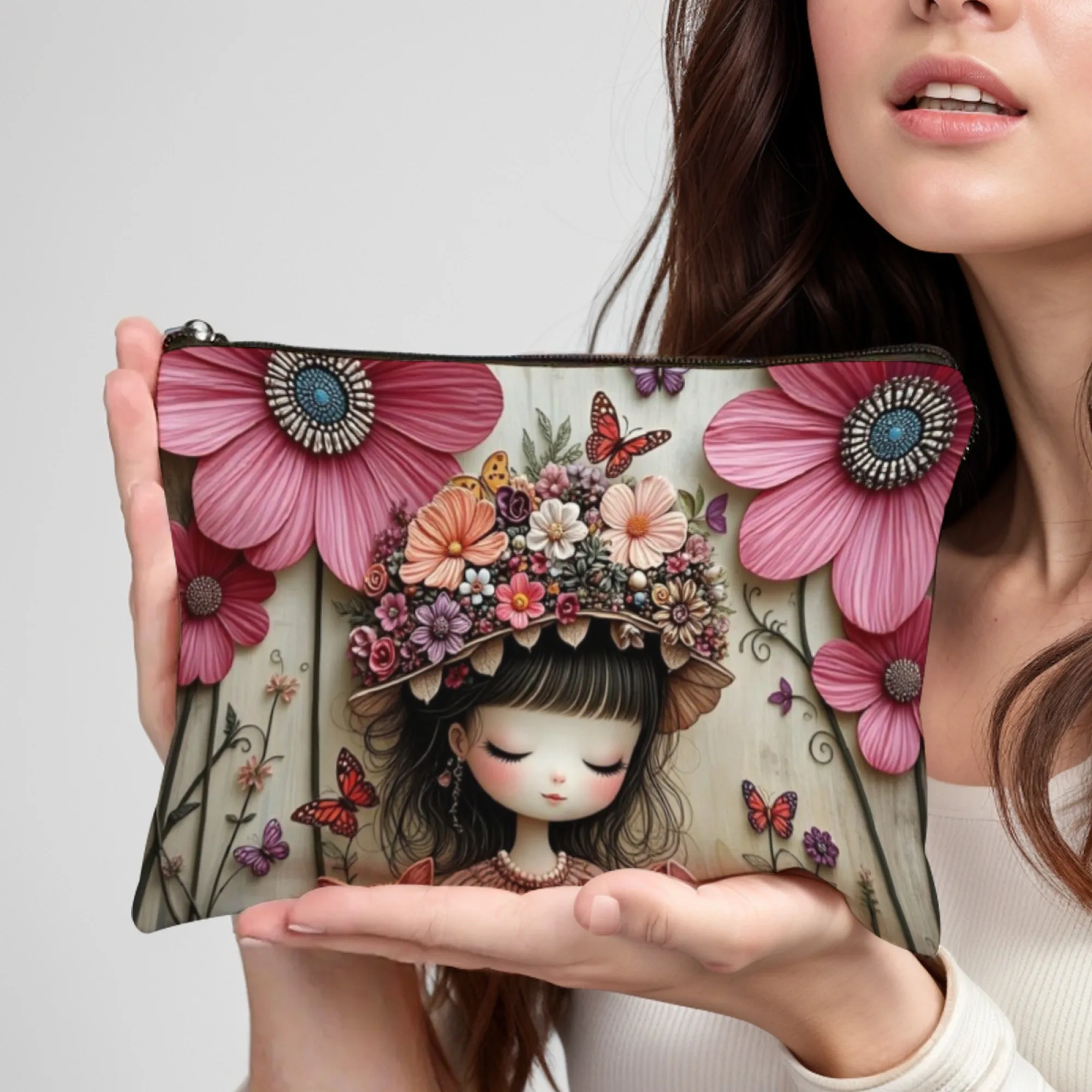 

Doll Girl print makeup bag lightweight portable cosmetic case with zipper closure ideal for women Birthday Christmas Gifts