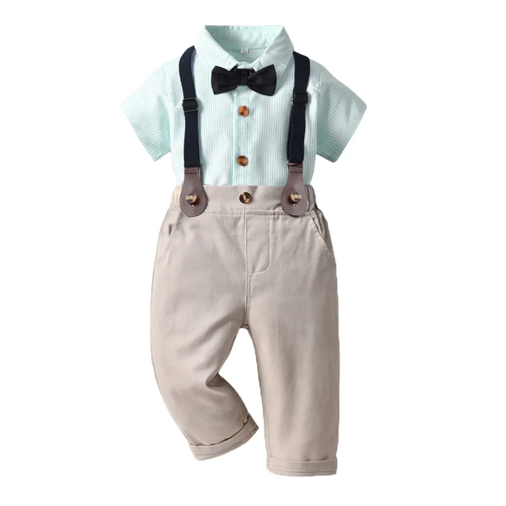 Kid Boy Handsome Two Piece Set Striped Short Sleeve Shirt Long Pants Suspender Black Bow Tie Children Formal Event Multi Color