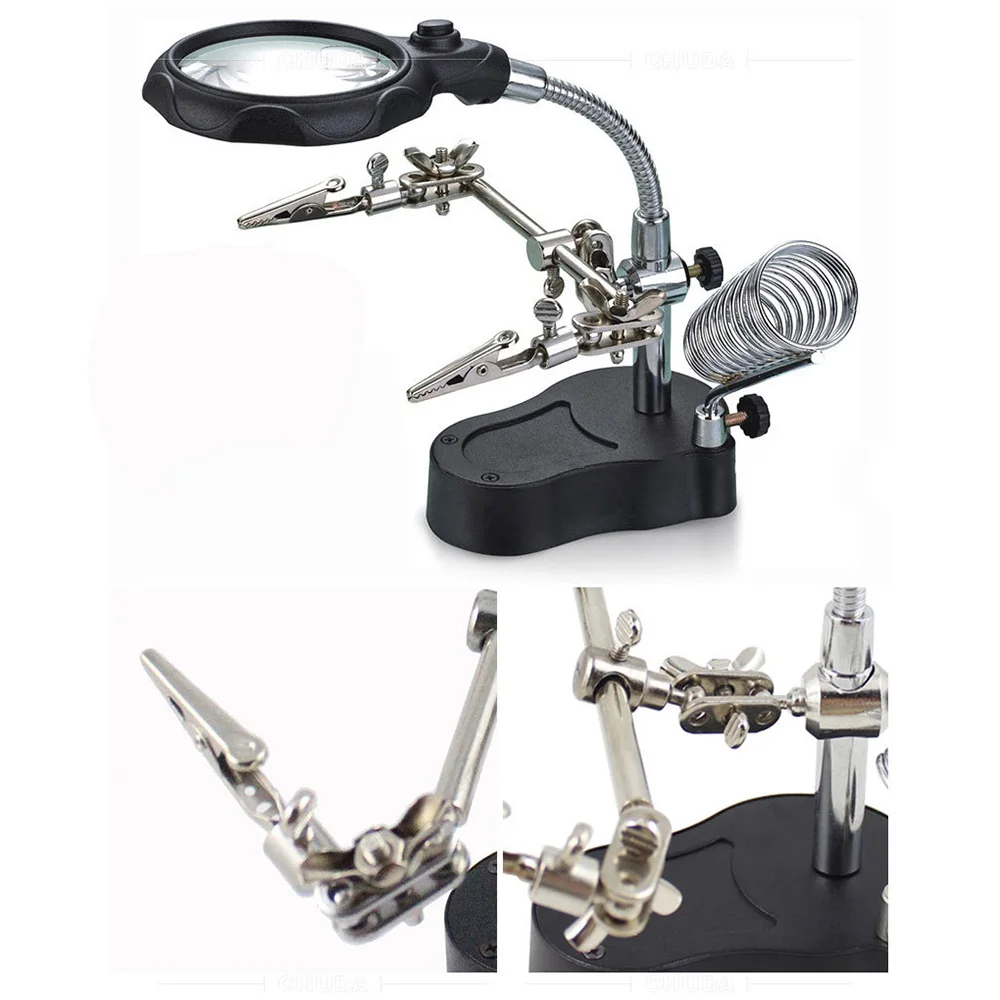 New 3.5X 12X Helping Hands Third Hand Soldering Iron Welding Stand Station with 2 LED Clip Welding Magnifier Magnifying Glass