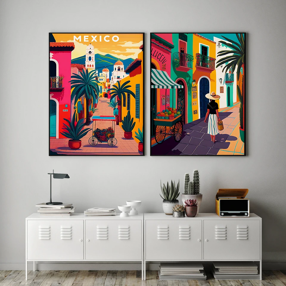 Mexican Village Cartoon Art Canvas Print Travel Poster Colorful Mexico Landscape Wall Art Canvas Painting Home Office Decoration