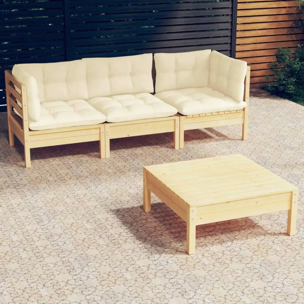 4-Piece Pinewood Patio Lounge Set with Cream Cushions - Stylish Outdoor Furniture