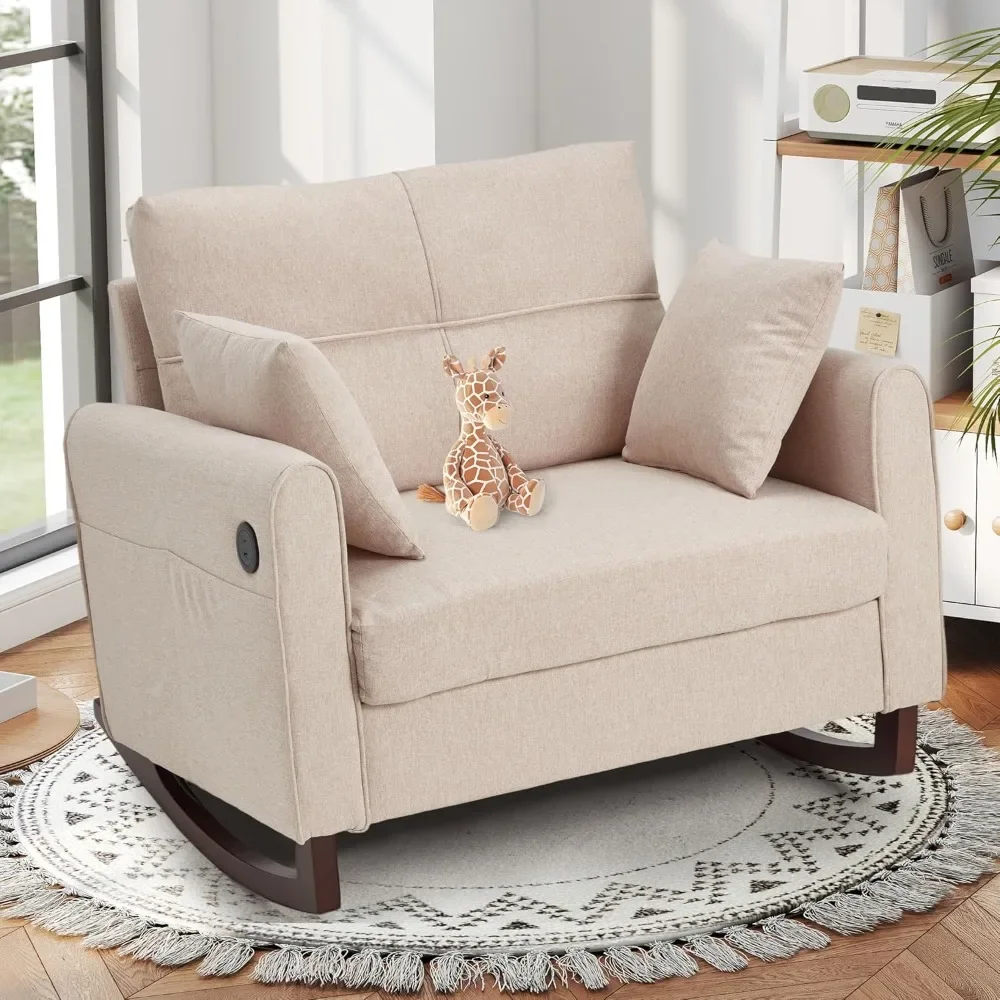 

Rocking chair,cushioned baby rocking chair with high backrest and side pocket USB port, double width rocking chair gliding chair