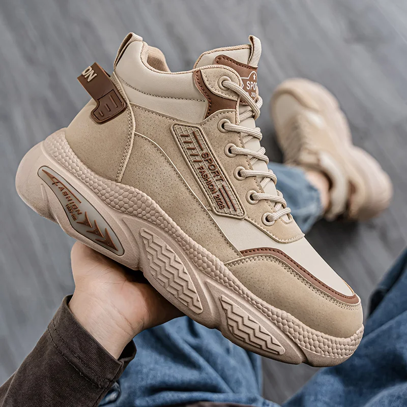 

2025 Autumn and Winter New Mens Casual Shoes High Top Pu Leather Man Sneakers Wear-resistant Anti Slip Outdoor Light Flat Bottom