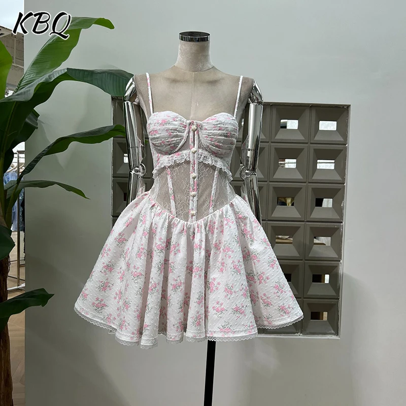 

KBQ Hit color floral printing slimming lace dresses for women square collar sleeveless high waist temperament dress female new