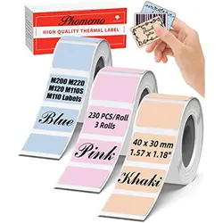 Phomemo M110 Labels Color M200 Label 40x30MM for M220 M200 M120 M110S M110 Printer Labels Pink/Khaki/Blue 230 Pcs/Roll,3 Rolls