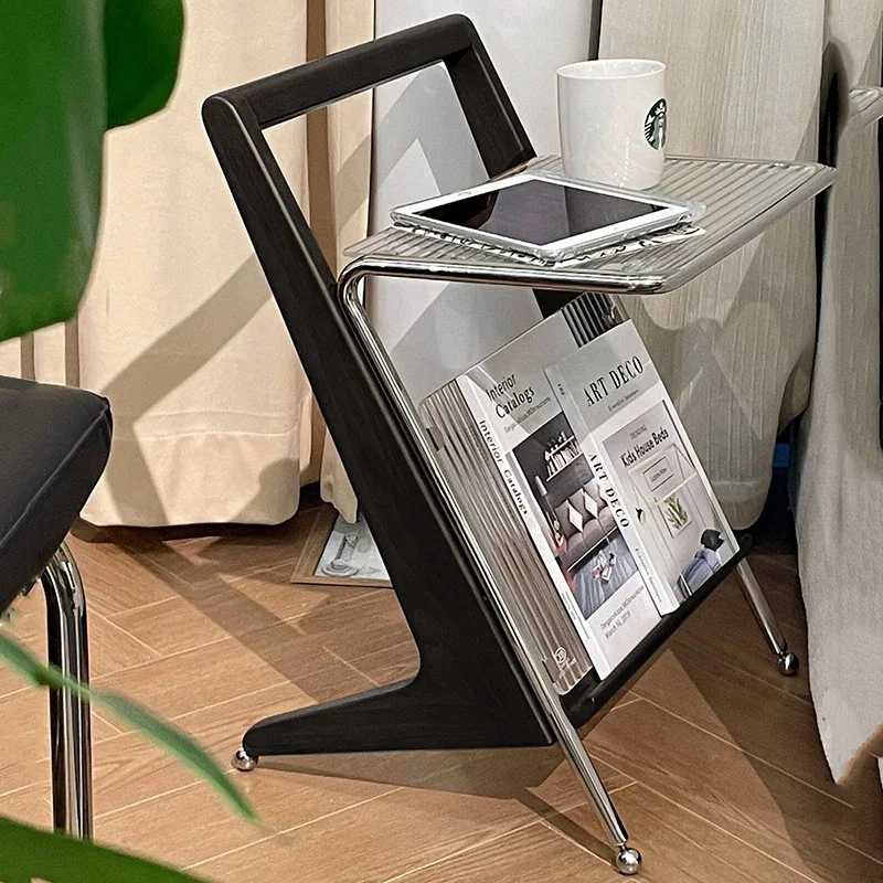 Luxury Black Tea Mobile Side Table Retro Floor Sofa Bedside Shelves Creative Glass Bookcase Small