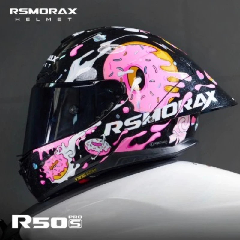 RSMORAX R50S Pro Women Motorcycle Helmet Large Spoiler Pink Donut Design Sport Bike Helmet Size S-L