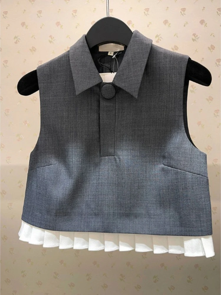 

Summer Fashion Lapel Neck Ruched Patchwork Gray Vest Shirt Women+ 2025 New High Waist Bow A-line Skirts Two Piece Sets