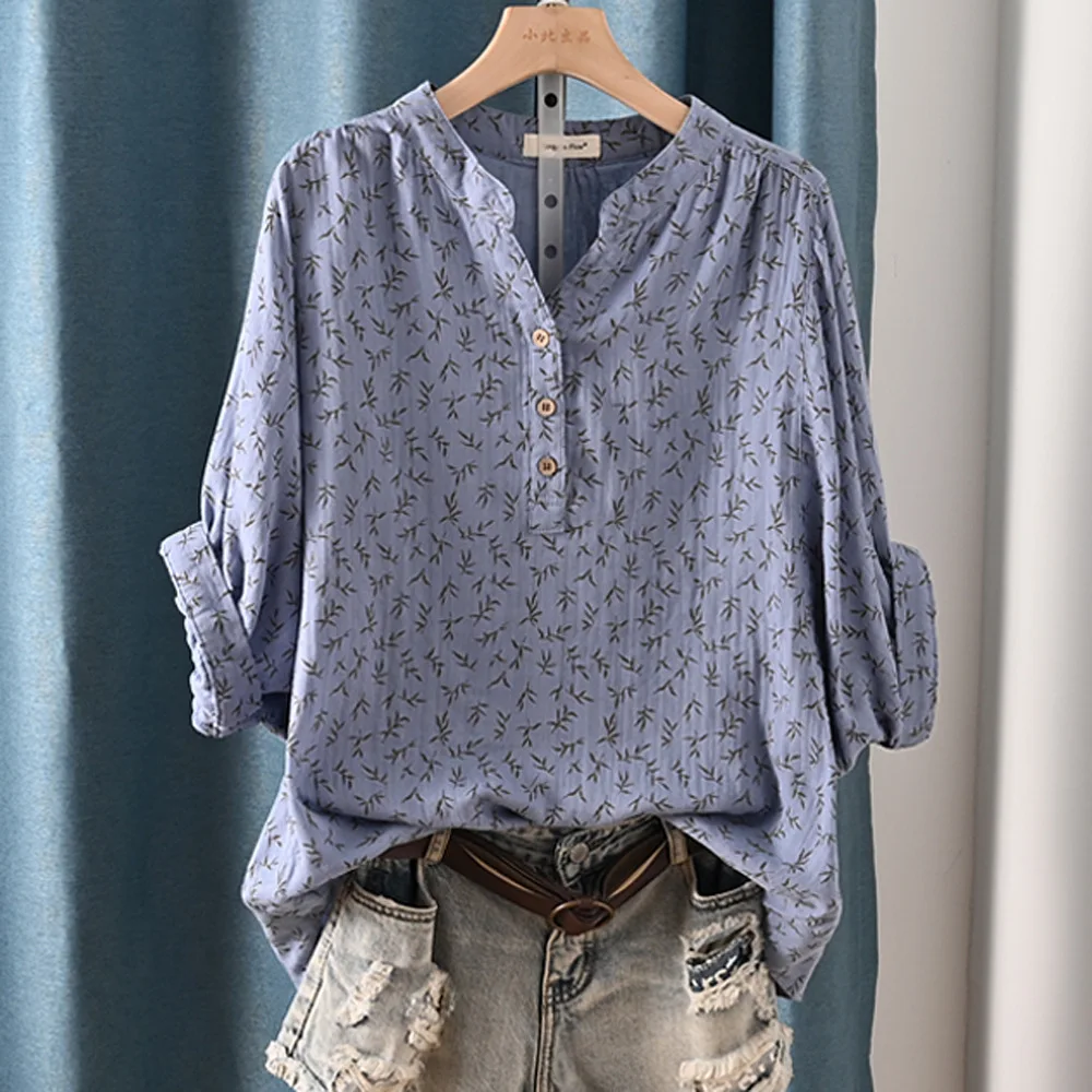 New Spring 100% Cotton Casual Shirt Women Batwing Sleeve Stand Collar Printed Top Girl OL Loose Blouses 2024 Summer T447104QM