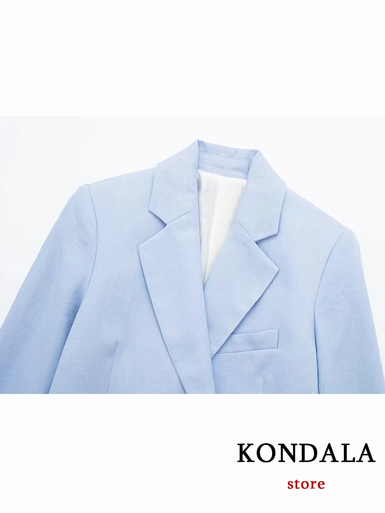 KONDALA Vintage Streetwear Chic Solid Blue Casual Commute Women Suit Fashion 2023 Elegant Long Sleeve Blazer Mini Shorts Skirts