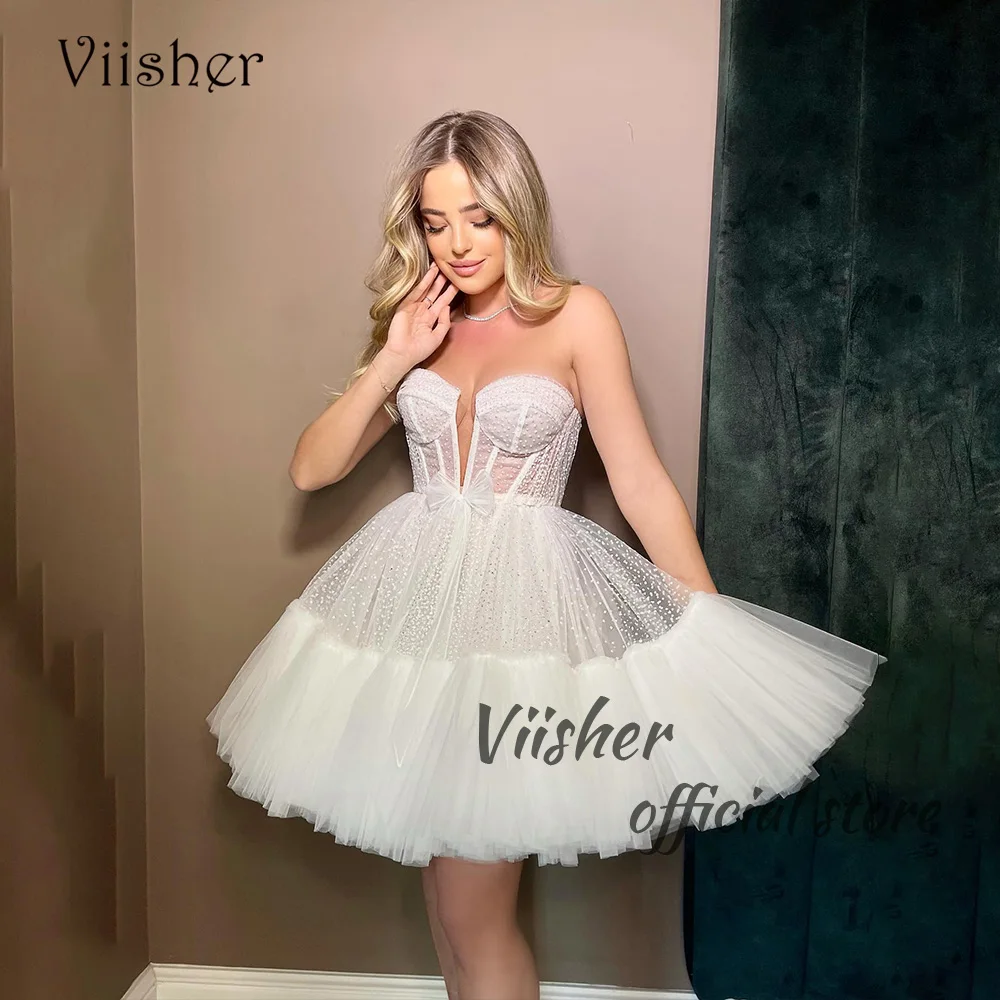 Abiti da festa di nozze corti in Tulle punteggiato bianco corsetto osseo abito da sposa A cuore una linea abiti da ballo da sposa fata