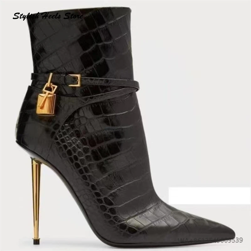 Stylish Crocodile-effect Metal Heel Booties Elegant Women Metal Lock Buckle Strap Ankle Boots Pointed Toe Stilettos Modern Boots