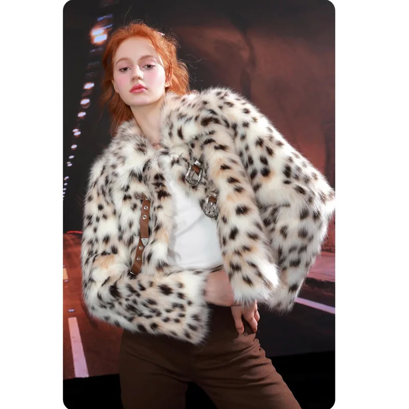Women's Fur Coat  Coat  Lapel  Warm  Fur Coat  European and American  Casual  Leopard  Short  Locomotive Clothing  Comfortable