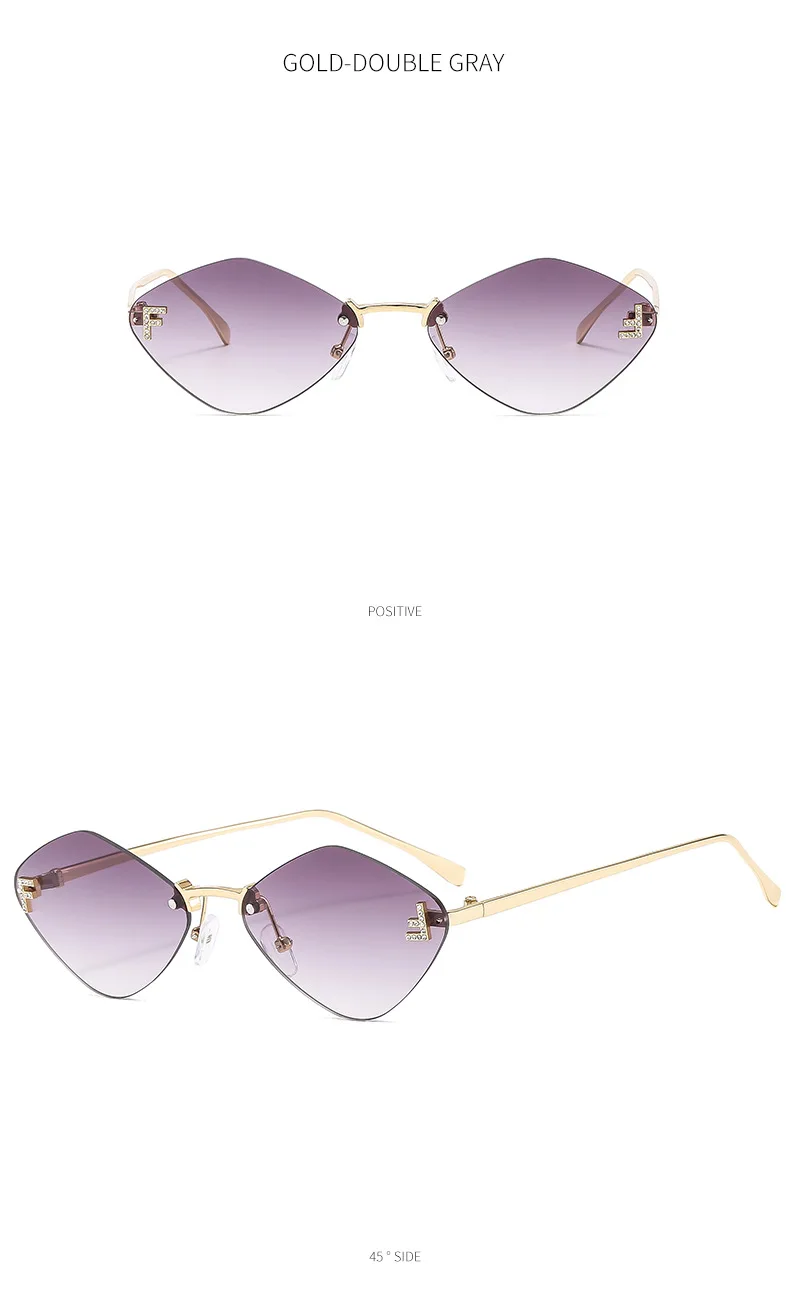 Trendige randlose rautenförmige Sonnenbrille F Damen-Sonnenbrille der Luxusmarke Damen klassische elegante Brillenschirme – Detail 6