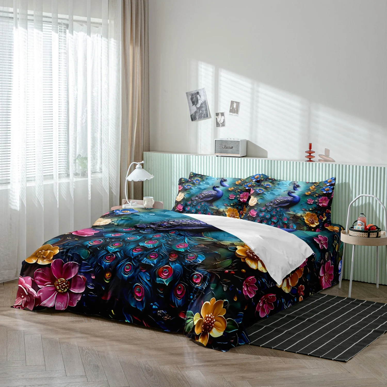 Peacock Colorful Floral Print 3 Pieces Duvet Cover Set, Luxurious Iridescent Peacock Feather Vibrant Flower Print Bedding,