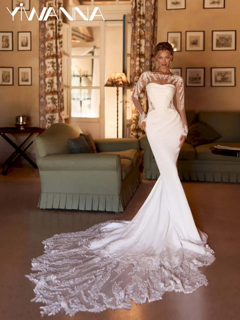 

Ivory Shinny Beaded Appliques Wedding Dress Detachable Sleeve Satin Mermaid Bridal Gown Customized Dreamy Long Dresses For Bride