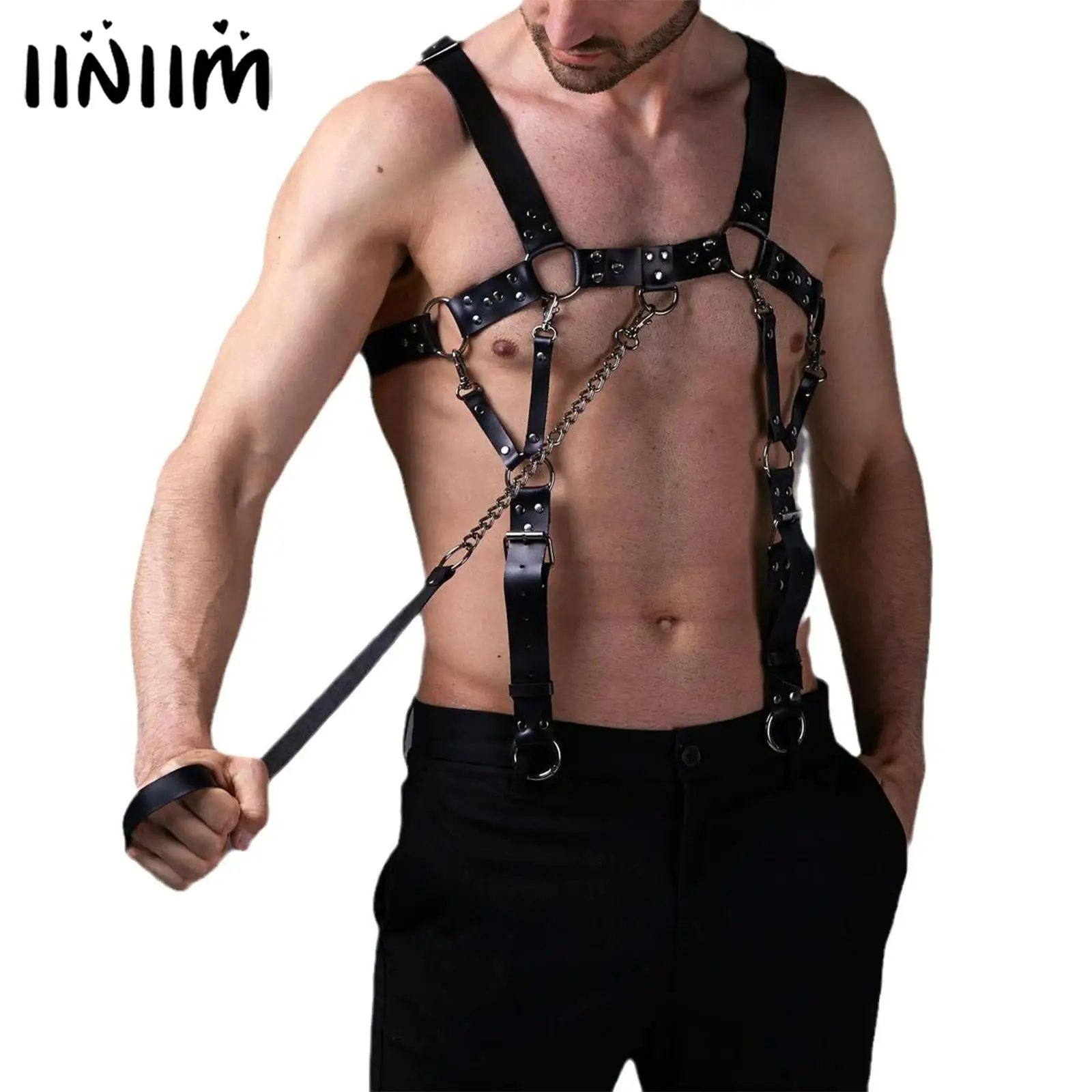 

Mens Muscle Showing Body Chest Harness with Leash O-Ring Rivet X-Back Adjustable Body Belt Robust Muscle Enhancers Clubwear