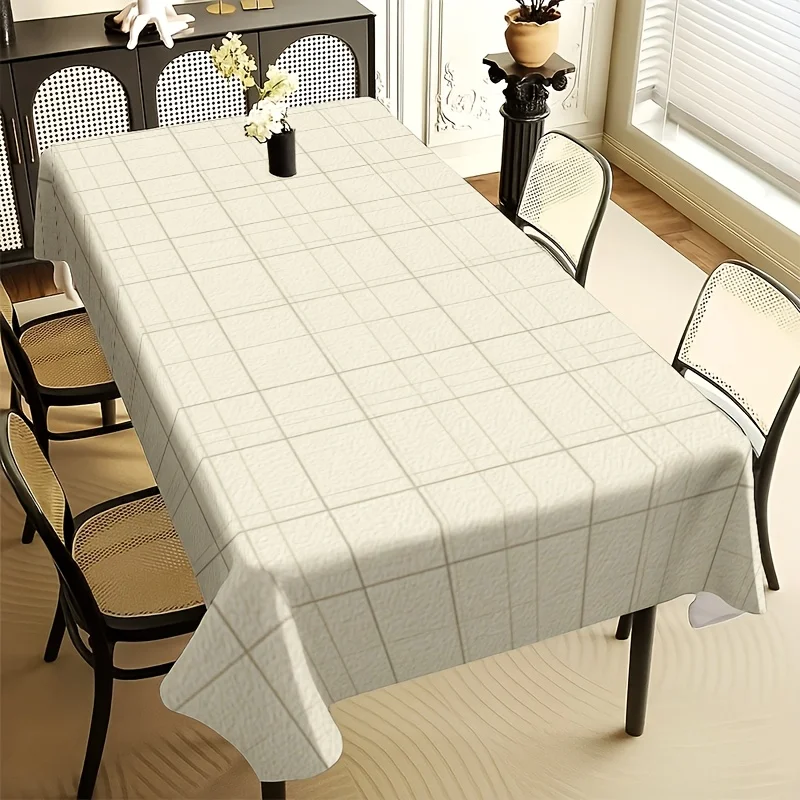 Minimalist Grid Tablecloth, Off White Background With Subtle Thin Line Grid Pattern,Waterproof Table Cover for Party & Daily Use