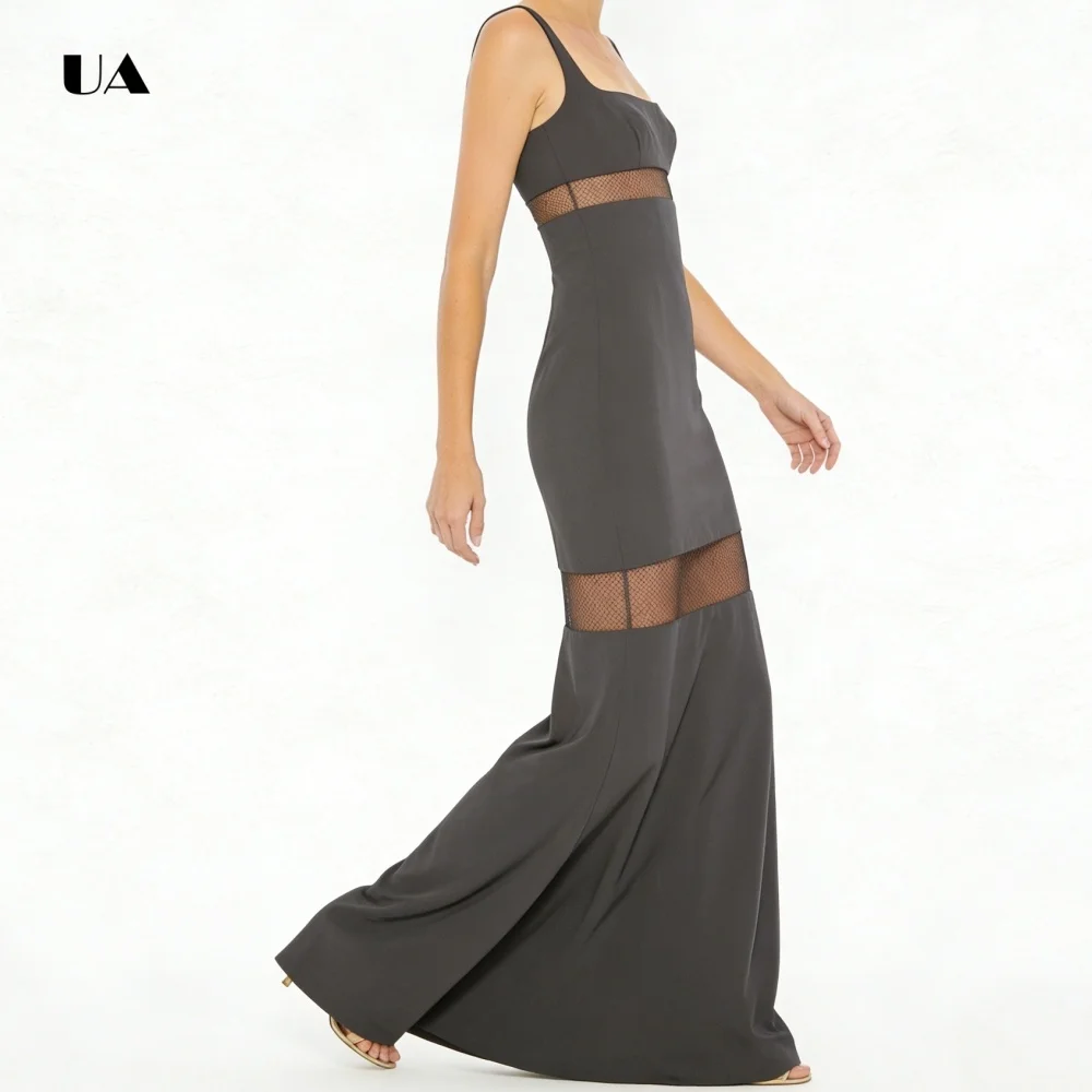 ชุดราตรีทรงคอลัมน์ ULBYANRY คอเหลี่ยม แขนกุด ผ้าเนื้อเรียบ แต่งด้วยผ้าตาข่าย ชุดราตรีงานเลี้ยงแบบโปร่งบางสั่งตัดได้