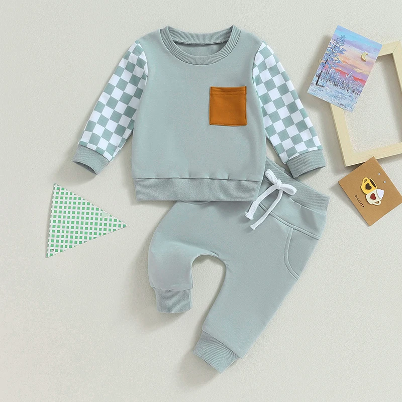 Baby Boy Fall Clothing Set Plaid Print Pullover Sweater Elastic Waist Jogger Pants 2-Piece Outfit for Toddler