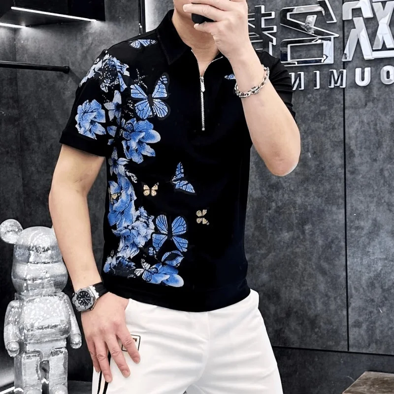 Butterfly Printed Polo Shirt for Men\'s Summer Zipper Short Sleeved Casual T-shirt Slim Fit Business Social POLO Tshirts 2024