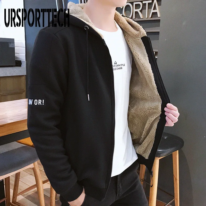 URSPORTTECH Brand Men Hoodies Sweatshirts Fashion Casual Plus Velvet Thick Warm Hooded Sweatshirt Casual Zipper Hoodie Male Coat