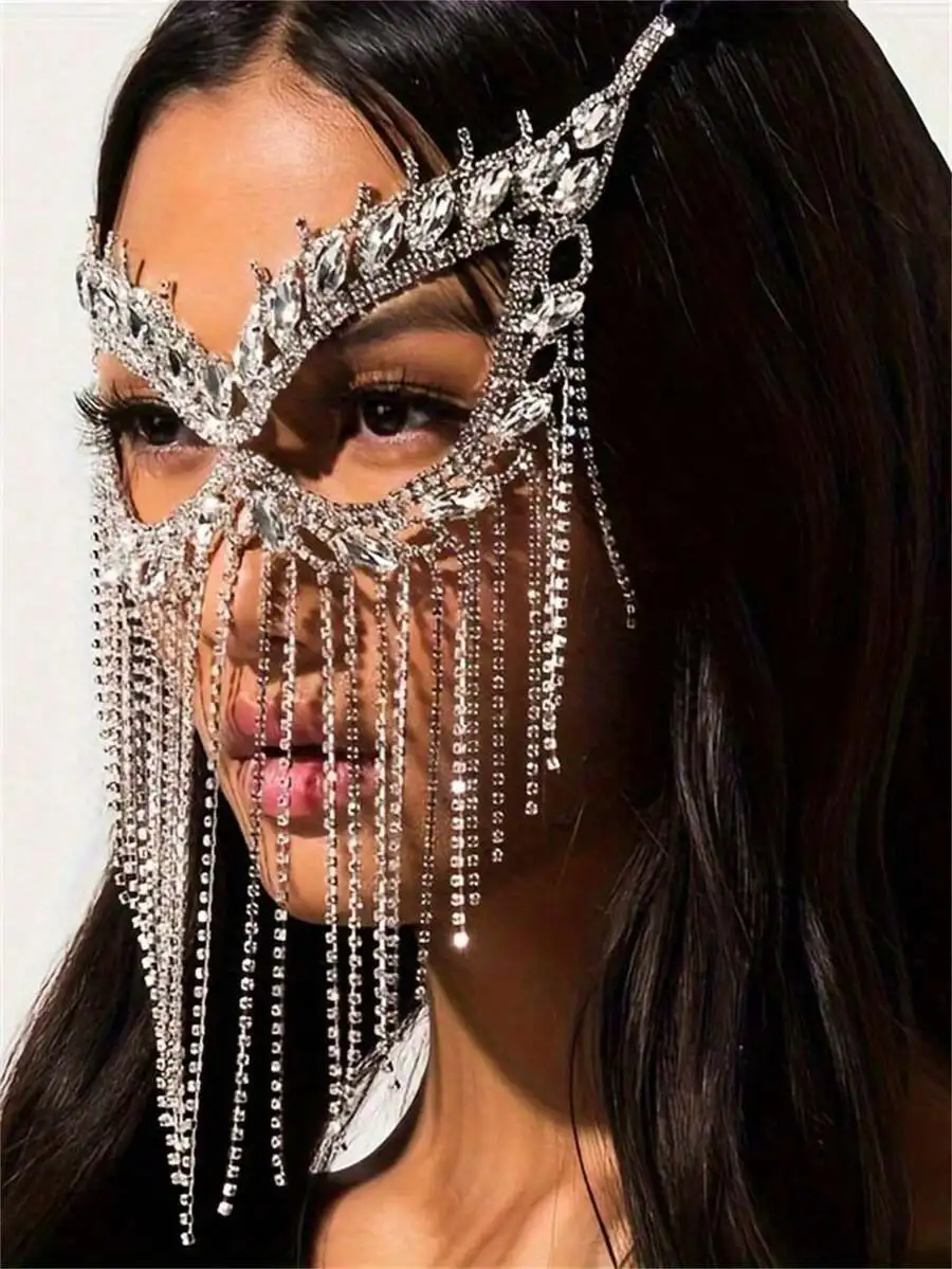 

Sparkly Rhinestone Face Mask With Tassels For Party Masquerade Ball