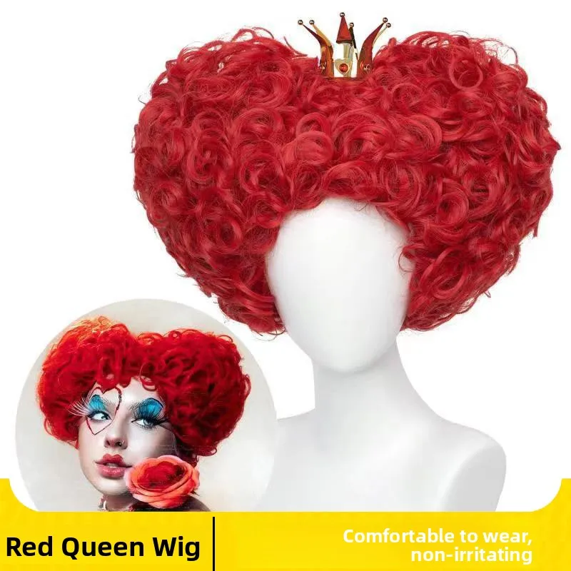 Red Heart Queen Wig Alice in Wonderland Cosplay Hairdo Makeup Halloween Party Performance Costume Accessory Festival Ready