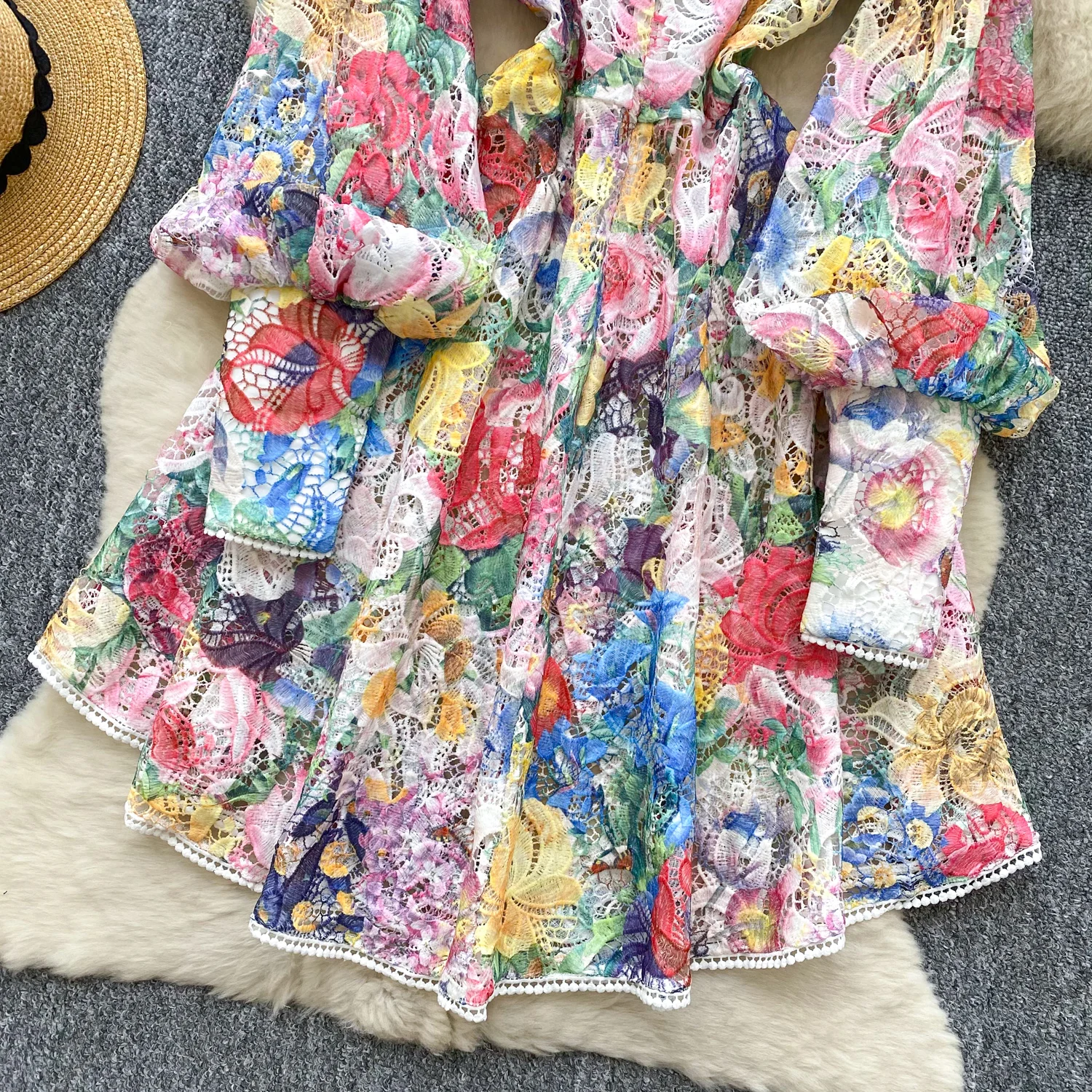 2025 French Style Elegant High-end Evening Dress Women's Tulle Cutout Crochet Print Lantern Sleeves Dress Retro Holiday Clothes