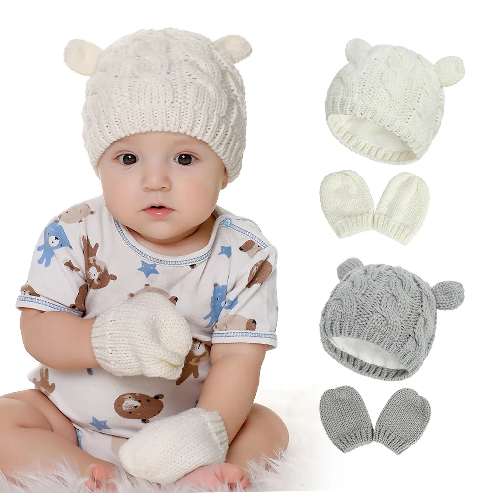 Anti-scratch Baby Hat and Mittens Set Kids Knitted Cotton Beanie Cap Winter Warm Cute Little Ear Shaped Hats for Boys and Girls