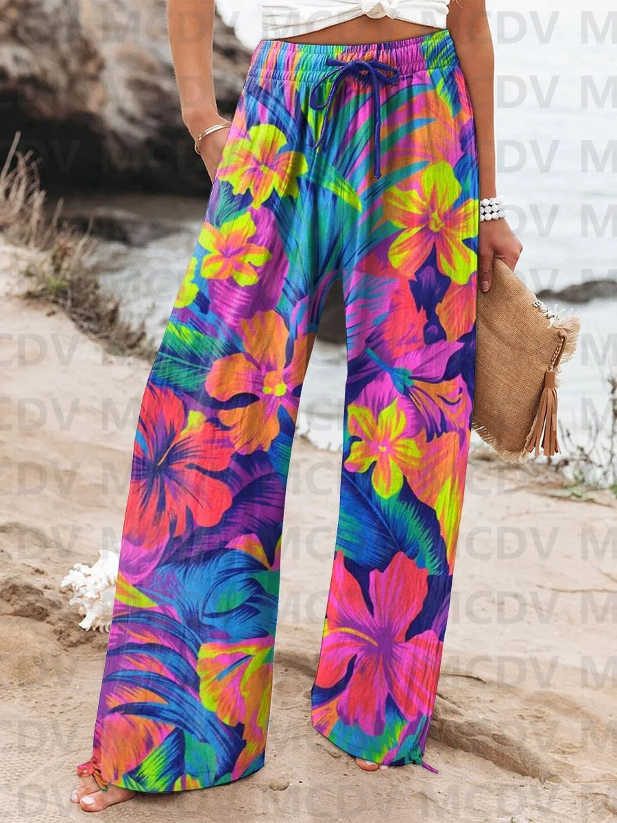 

Женские разноцветные льняные повседневные брюки с тропическим принтом гибискуса, женские повседневные брюки с 3D принтом