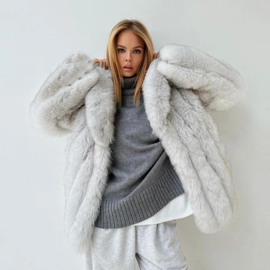 Luxury Women Winter Real Blue Fox Fur Lapel Coat Elegant Natural Fox Fur Fluffy Warm Jacket Fashion Genuine Fur Thick Overcoat