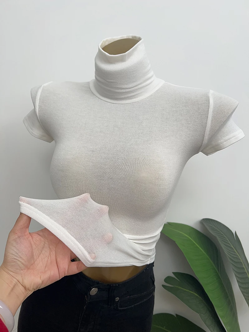 Sexy Slim Fit High Collar ort Sve T-irt Women's Soft Comfortable Thin Elastic Chest Enhancing Versatile High Ne or...