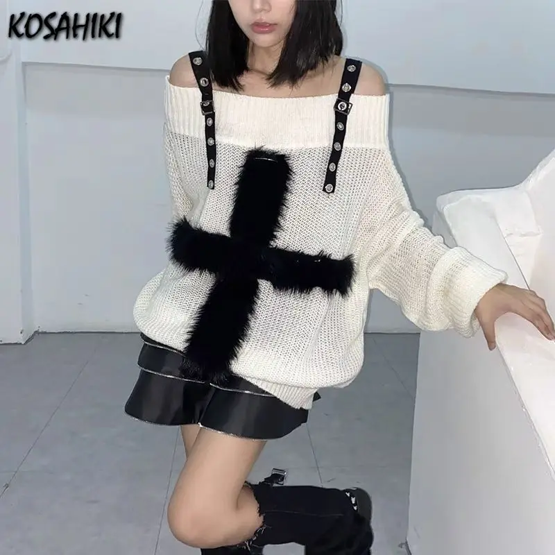 KOSAHIKI Harajuku Punk Knitwear Women Off Shoulder Belted Thin Sweater Cross Fur Patch 2024 Autumn Loose Gothic Y2k Pullover