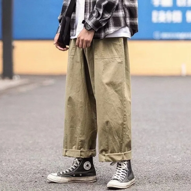 Men's 100% Cotton Japanese Style Trendy Loose Wide Leg Casual Cargo Pants Spring Autumn Fashion Sweatpants