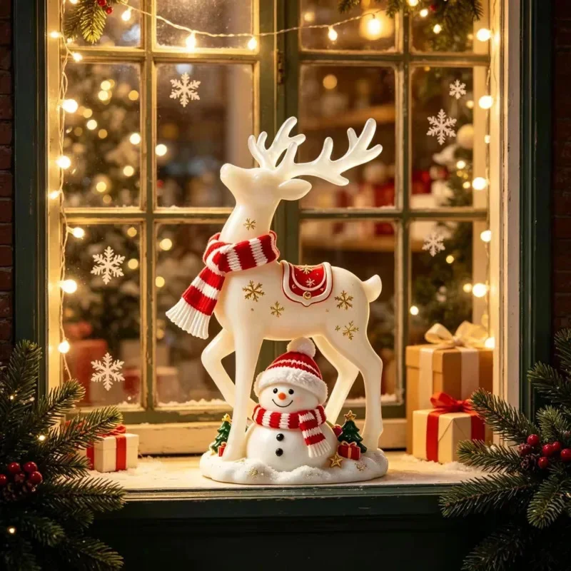 Light Up Christmas Reindeer Figurine With Snowman LED Resin Ornament Winter Table Centerpiece Holiday Home Mantel Decor