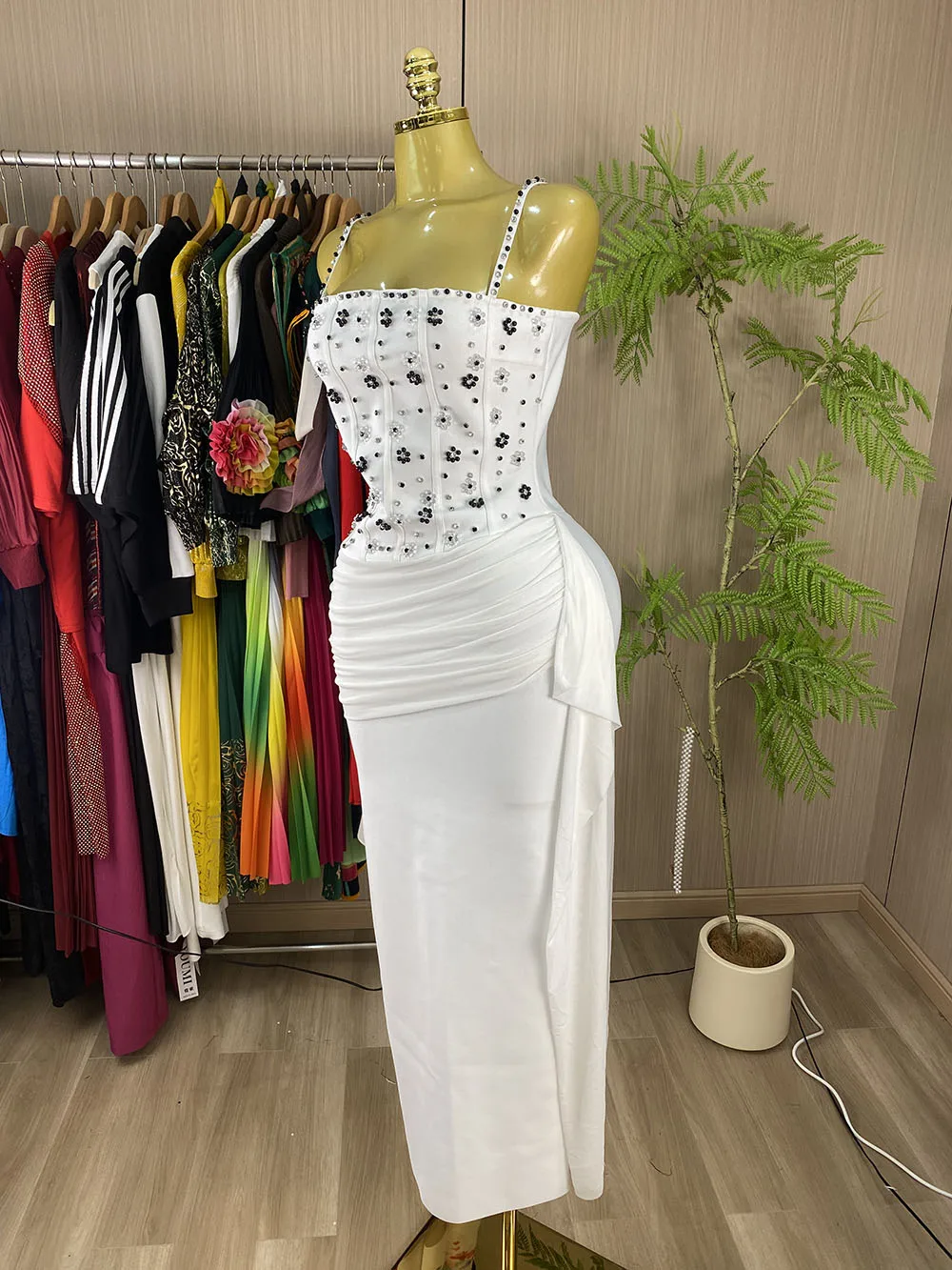 Women’s Sexy, Form-Fitting Evening Gown with Spaghetti Straps, Open Back, and Crystal-Beaded Detailing-GZXX1215