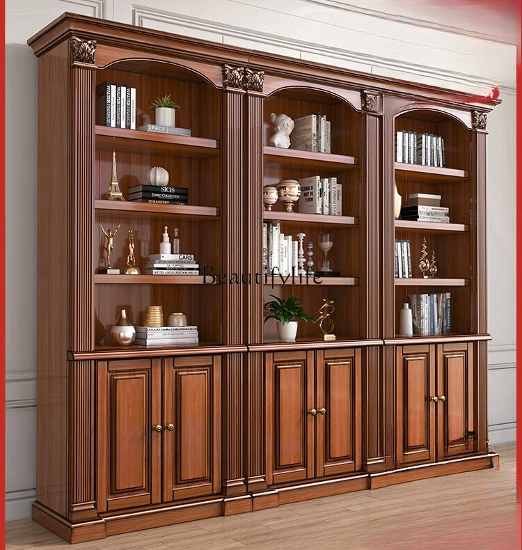 

*American all solid wood bookshelf free combination with door bookcase shelf floor