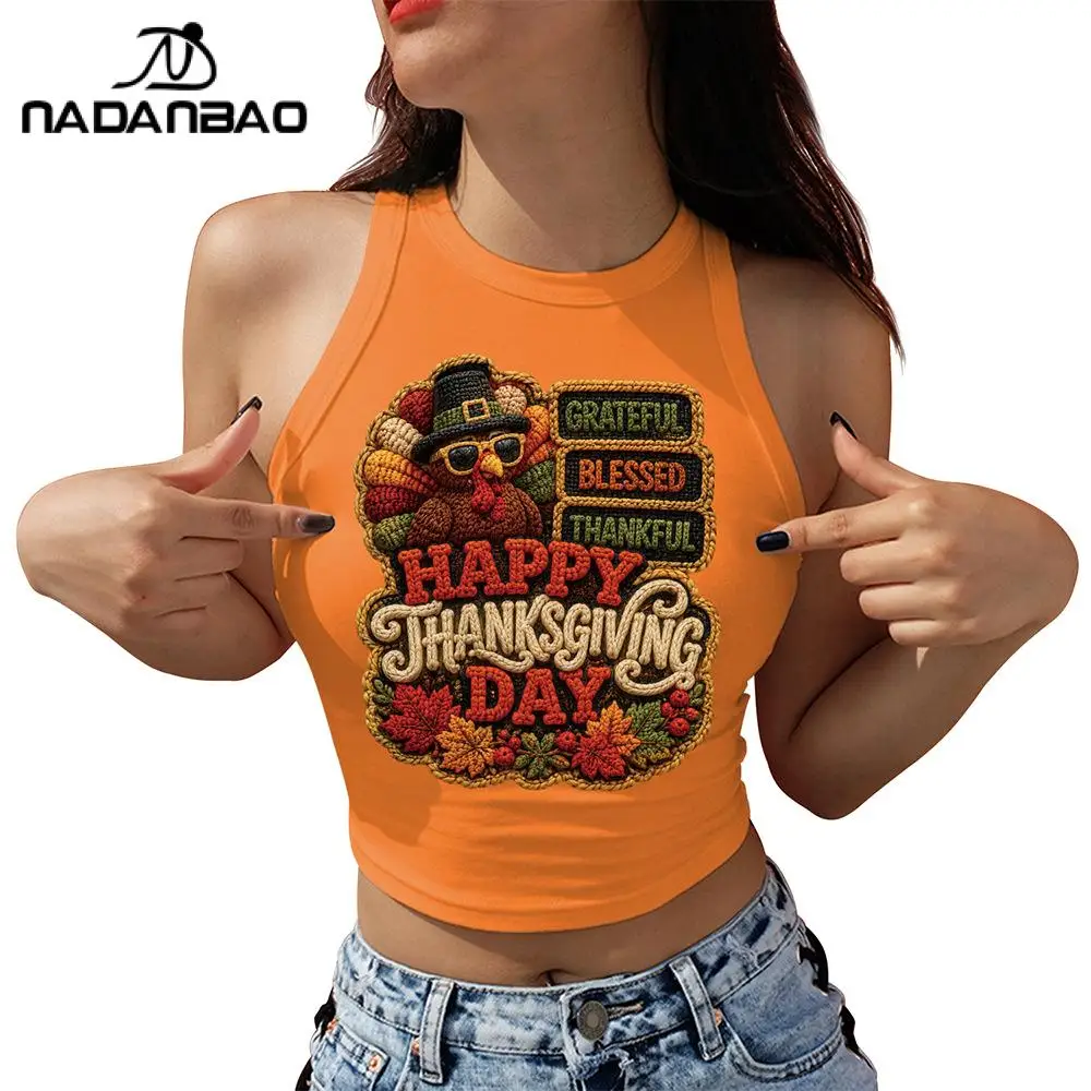 Nadanbao Cartoon Pumpkin Turkey Print Crop Top Thanksgiving Party Funny Tank Tops Summer Women Sleeveless Vest Orange Soft Tees