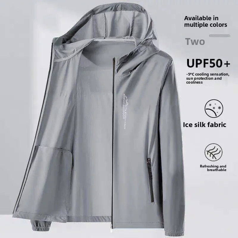 Men's Summer Ice Silk Quick Dry Ultra Thin Hooded Fishing Casual Jacket Outdoor Sports Fashion Commuting Long Sleeve Zipper
