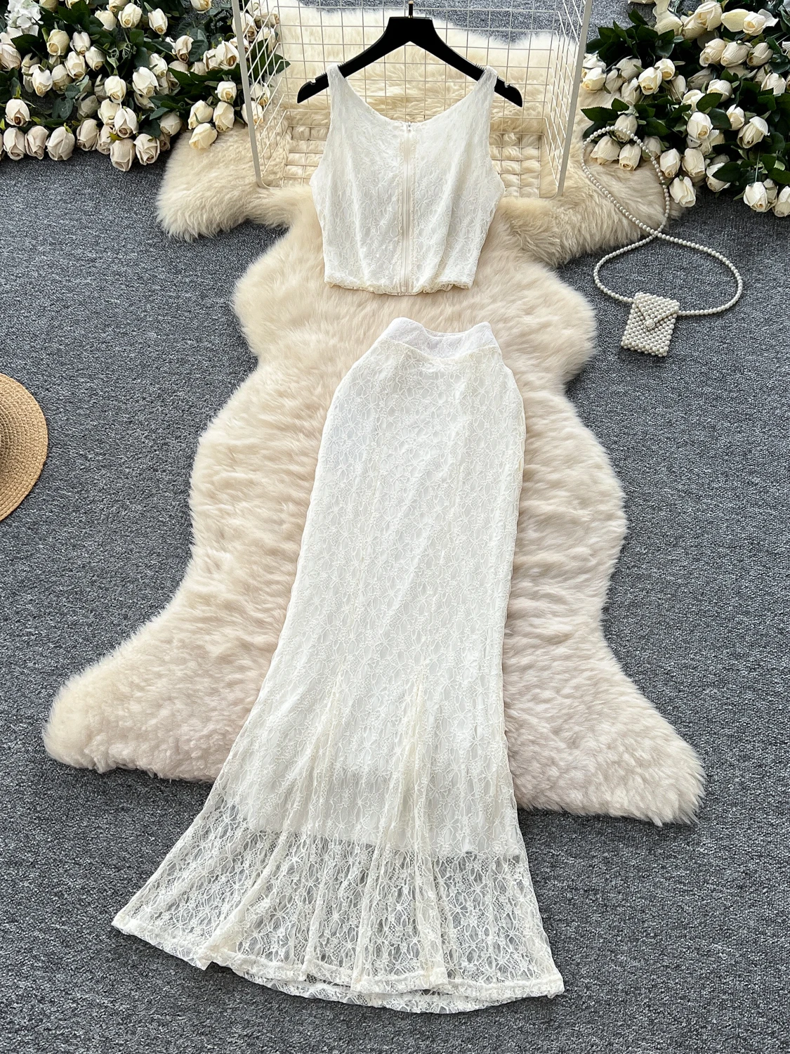 

Ele Lace Crop Top And High Waist Skirt Set Women's Summer Faion Two-Piece Suit ort Strapl Vest Bodycon f-length