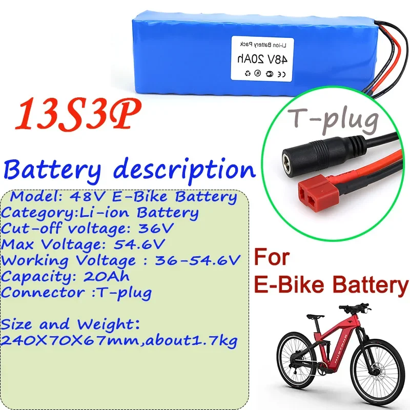 2024 Best Seller 13S3P 48V Li-ion Battery 20Ah High Capacity T-plug Connector And BMS For Ebike Battery Pack