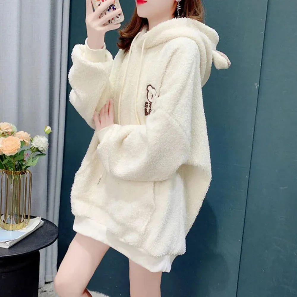 Autumn Winter Lamb Hoodies Women Kawaii Plush Sweatshirt Jacket Casual Warm Hooded Ear Female Cute Bear Print Sweatshirts Coats